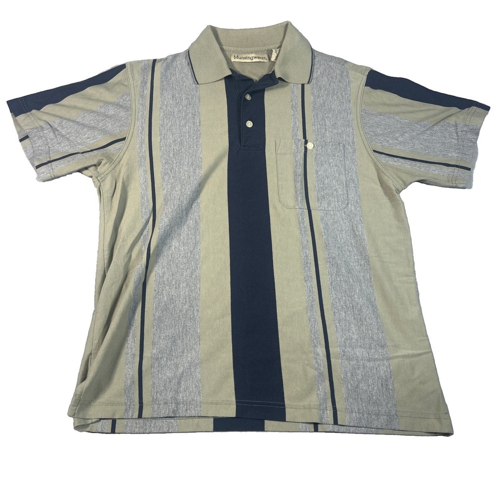 Munsingwear Mens Small Multicolor Striped Short Sleeve Polo Shirt Pocket Olive